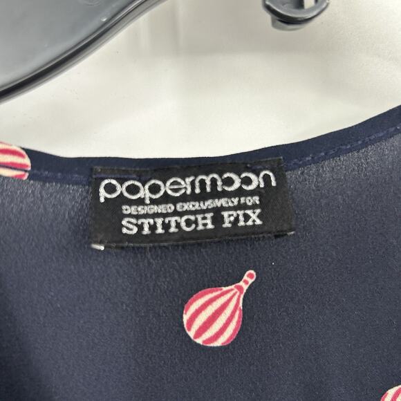 Papermoon For Stitch Fix Navy Hot Air Balloon Print V-Neck Blouse Size Medium M - Picture 2 of 6
